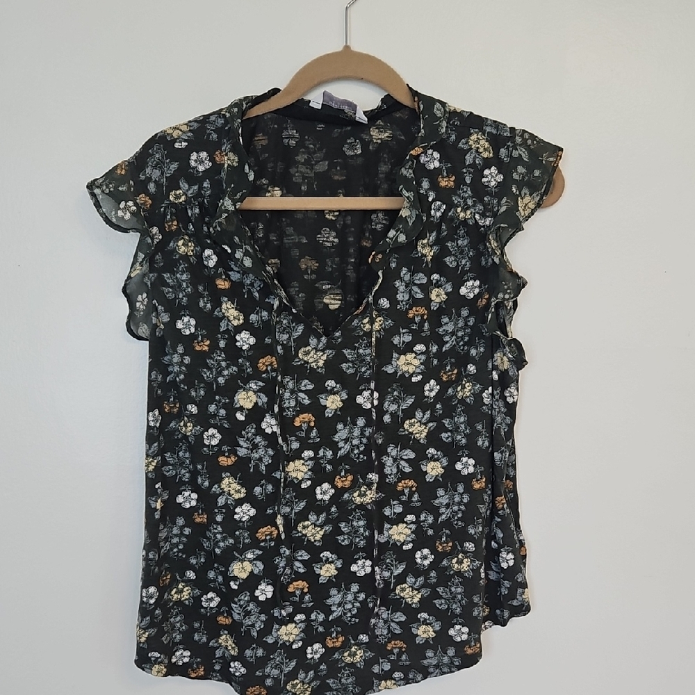 Lucky Brand Floral Ruffle Sleeve Blouse - Black and White